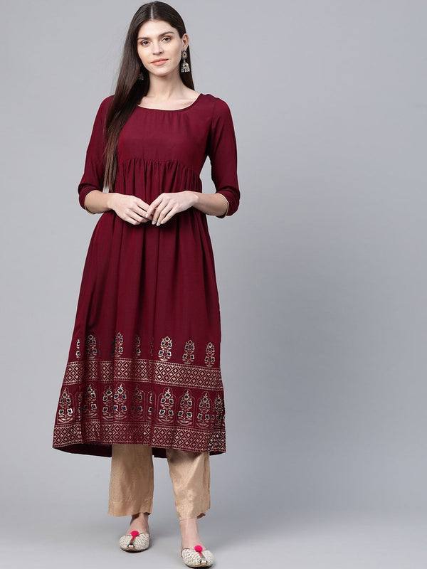 Women's  Maroon & Golden Printed Hem Empire A-Line Kurta - AKS