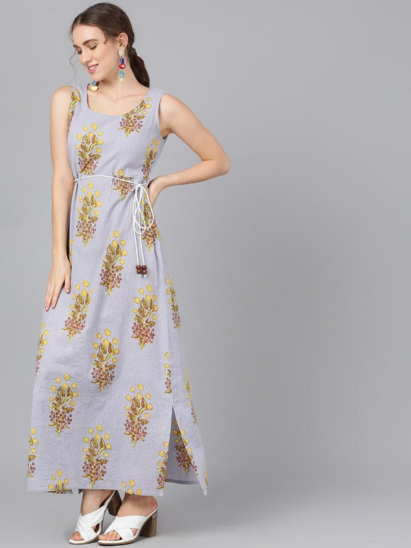 Women's  Grey Printed Kantha Work Maxi Dress - AKS