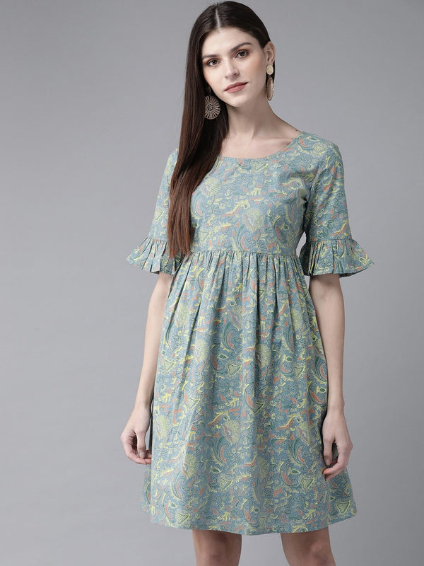 Women's  Blue & Yellow Printed A-Line Dress - AKS