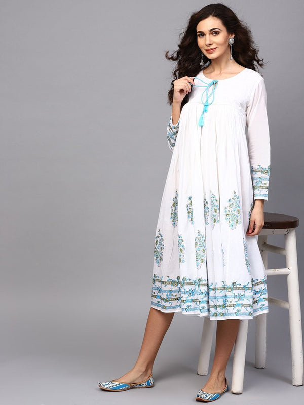 Women's  White & Blue Printed A-Line Dress - AKS