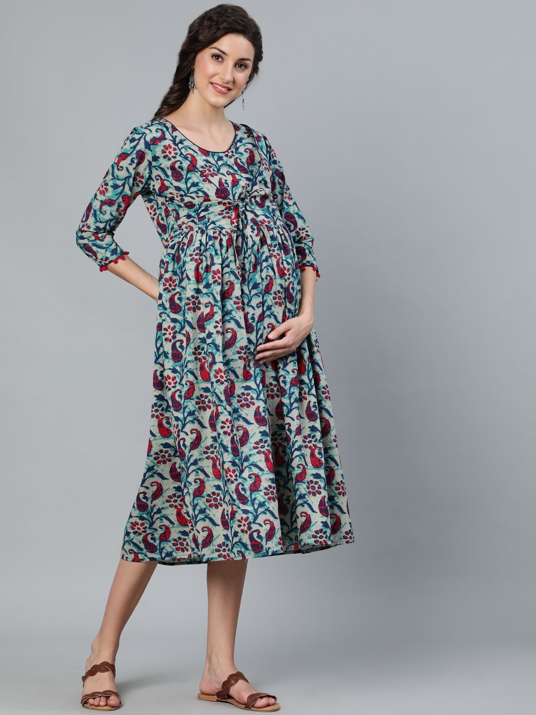 Women's Blue & Maroon Printed Maternity Tie-up Dress - AKS