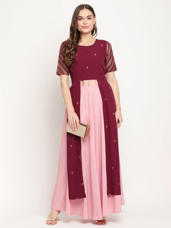 Wine Crepe Glitter Print Dress