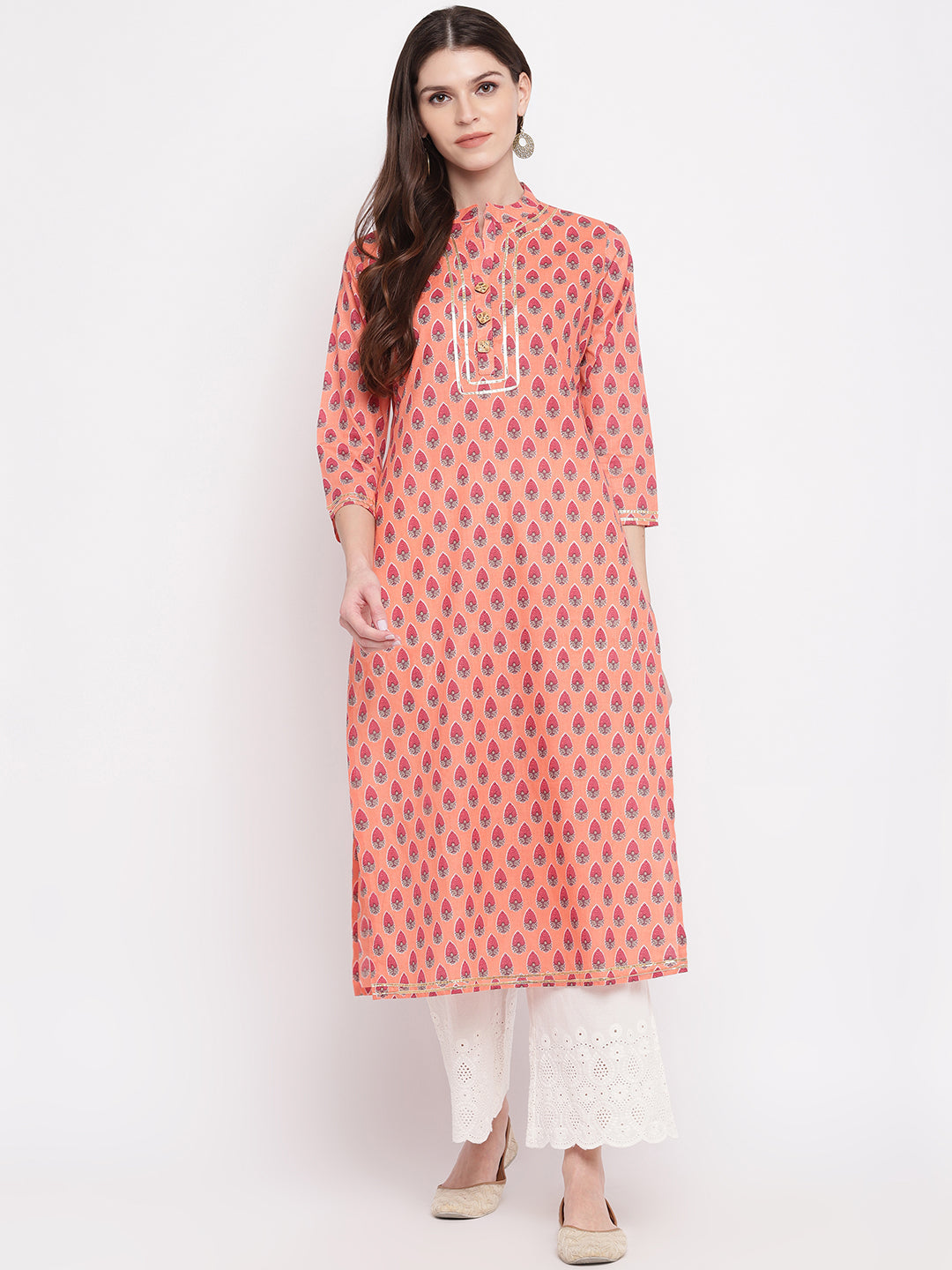 Women's Printed, Lace Work Straight Cotton Light Orange Kurti - Vbuyz