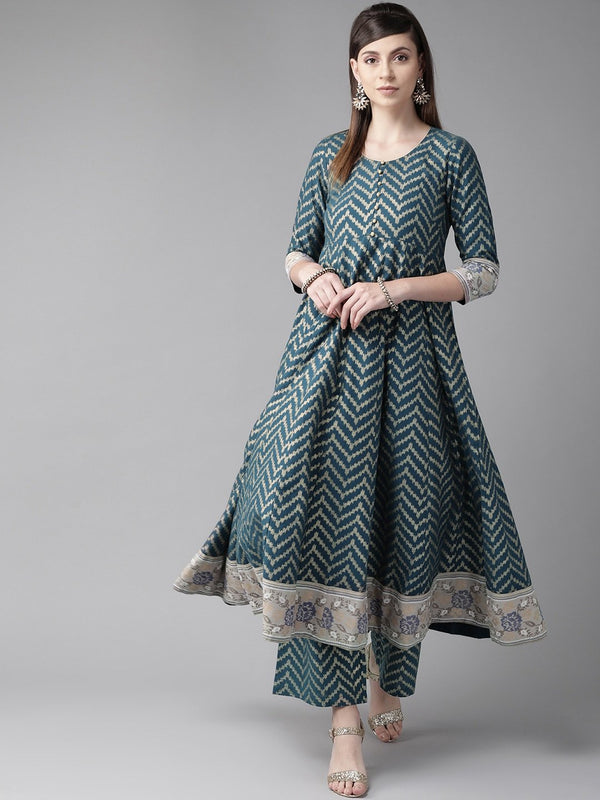 Women's  Teal Blue & Golden Chevron Print Anarkali Kurta - AKS