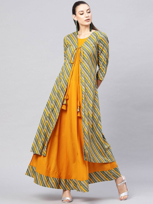 Women's  Green & Mustard Yellow Printed Layered Maxi Dress -AKS