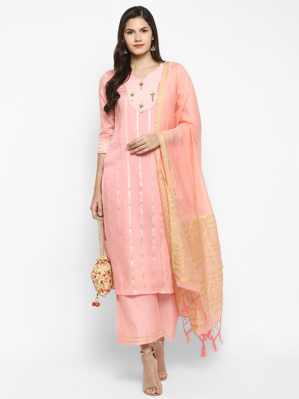 Women's Pink Color Chanderi Silk Embroidered Straight Kurta Palazzo With Dupatta - VAABA