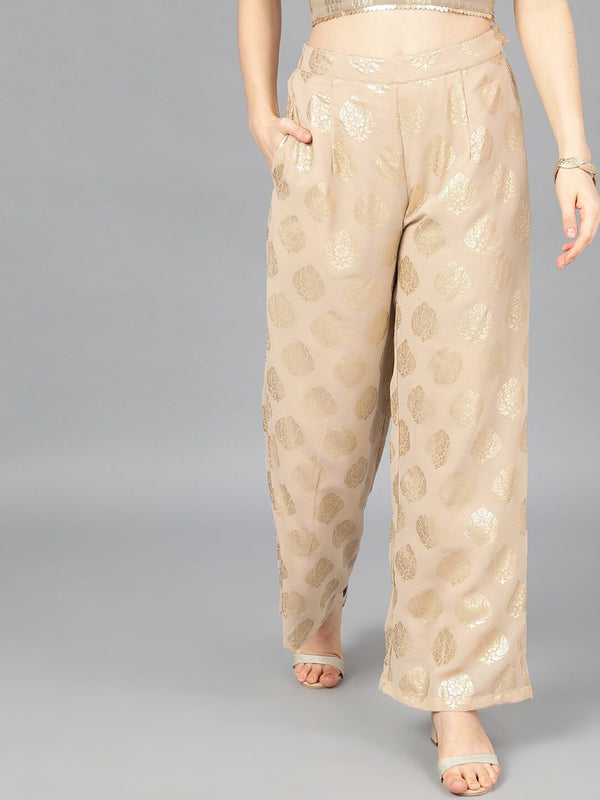 Women's  Beige & Gold-Toned Printed Wide Leg Palazzos - AKS