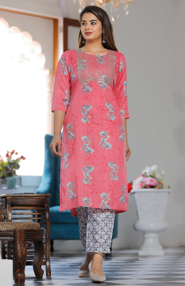 Women's Rayon Straight Printed Embroidered Kurta And Pant Set - Singni