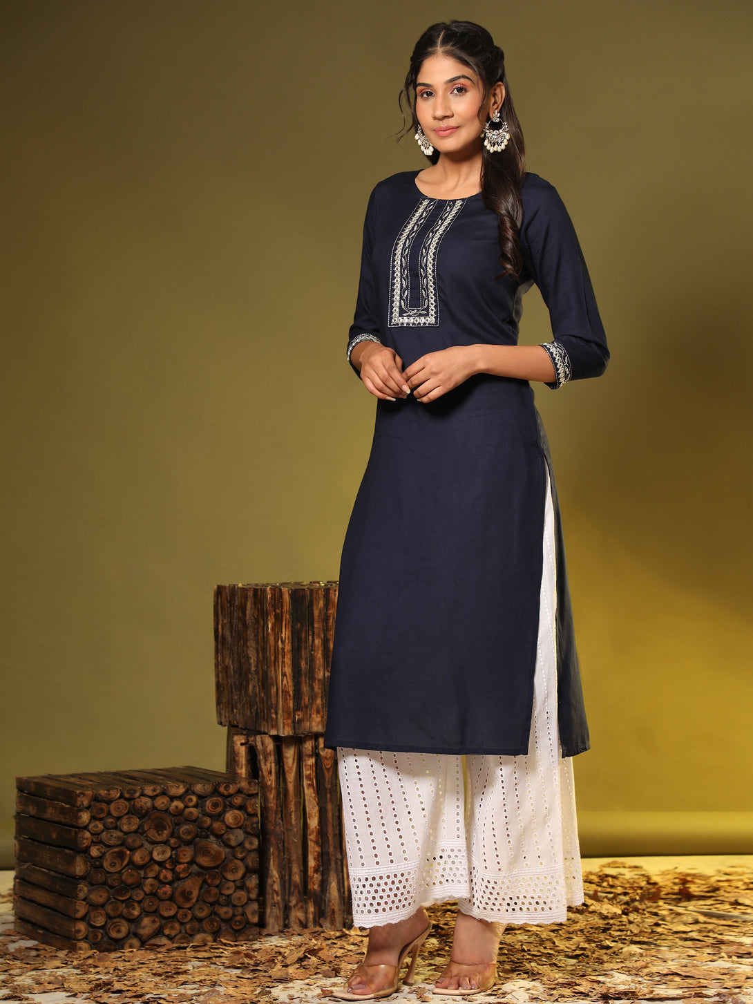 Women's Mirror Work Straight Rayon Blue Stitched Kurta - Vbuyz