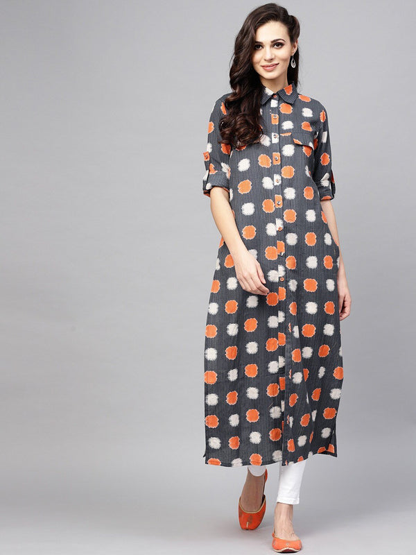 Women's  Navy Blue & Orange Printed Straight Kurta - AKS