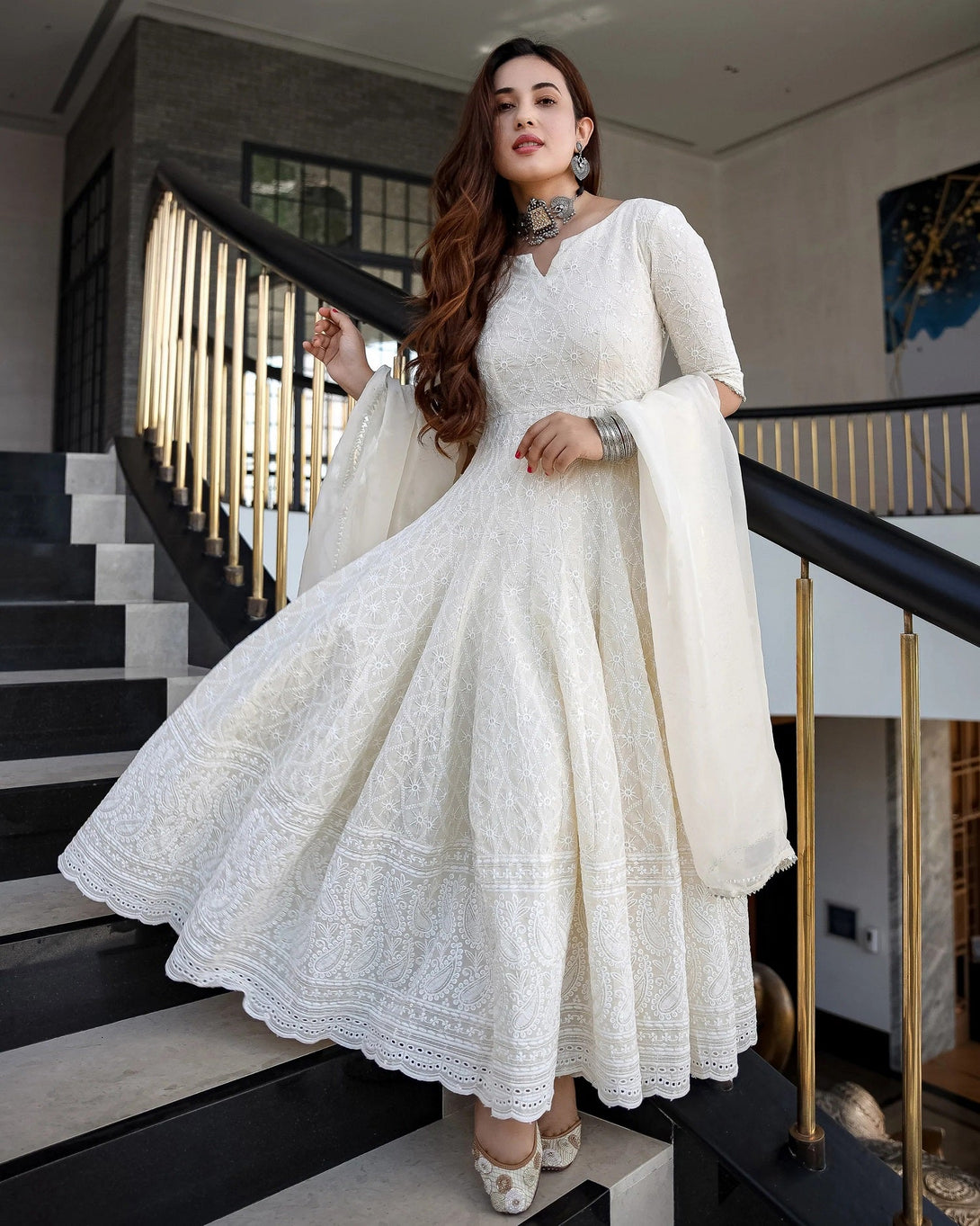 Women's White Cotton Chikankari Gown With Dupatta Set - Malishka Export