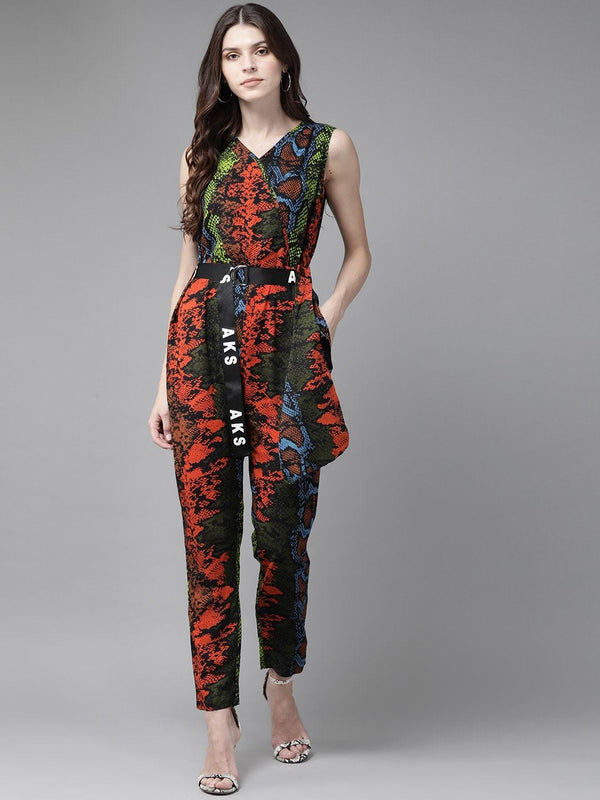 Women's  Orange & Black Snake Printed Basic Jumpsuit - AKS