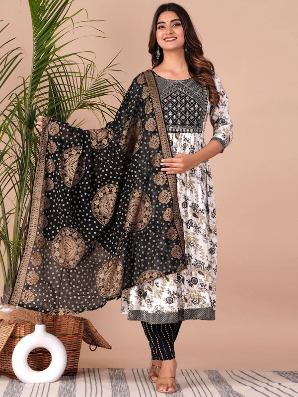 Women's Floral Printed Empire Thread Work Kurta With Palazzos & Dupatta - Noz2Toz