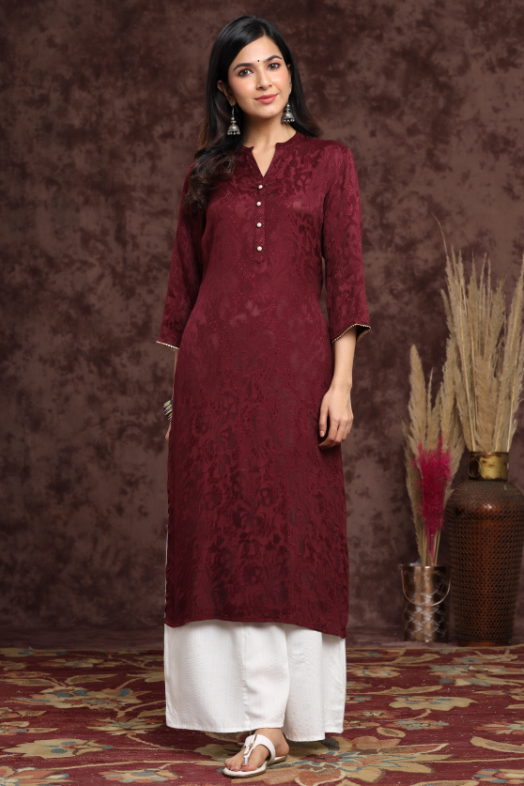 Women's Rayon Jacquard Straight Kurta - Juniper