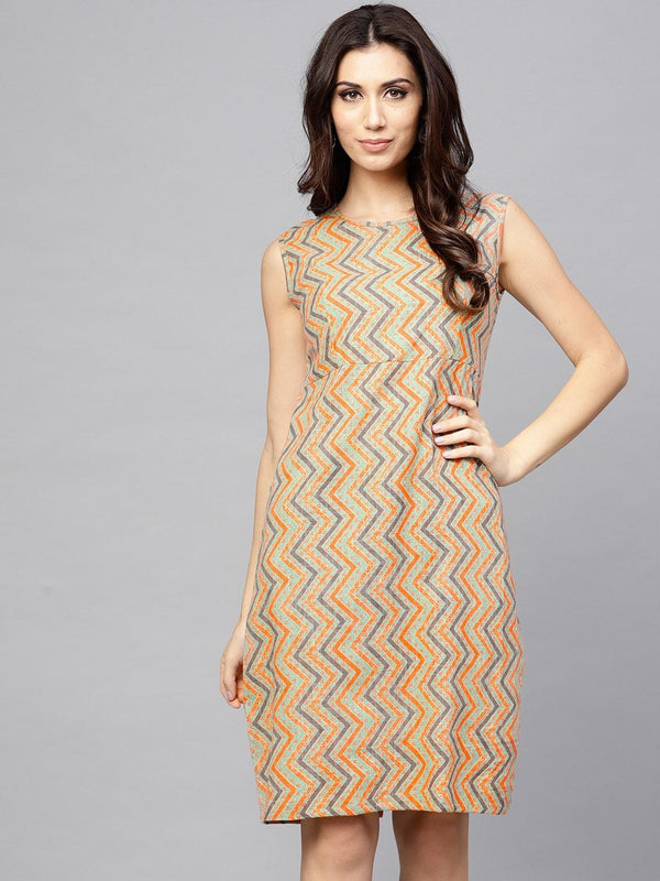 Women's  Sea Green & Orange Chevron Print Sheath Dress - AKS