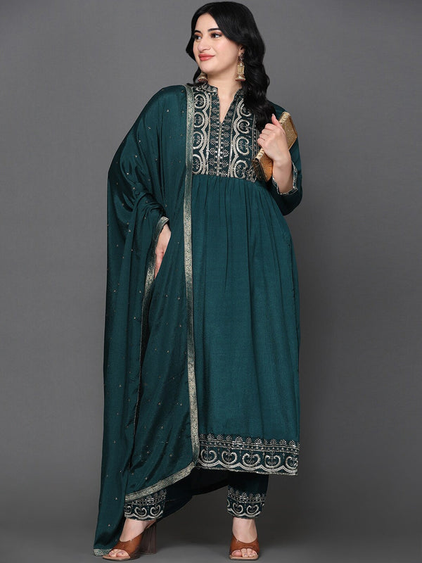 Women's Ethnic Motifs Embroidered Pure Silk Kurta With Trousers & With Dupatta - Noz2Toz