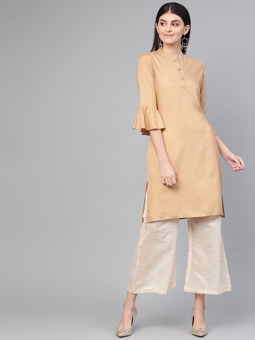 Women's Beige Straight Kurta - Yufta