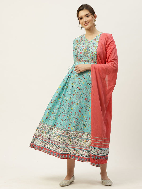 Women's Floral Printed Anarkali Dress & Dupatta Set - Juniper