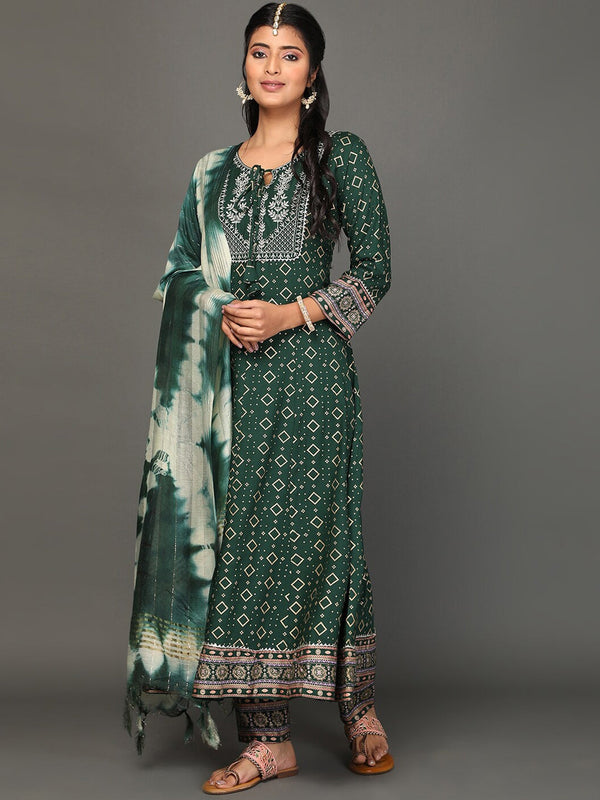 Women's Ethnic Motifs Printed Thread Work Anarkali Kurta With Trousers & Dupatta - Noz2Toz