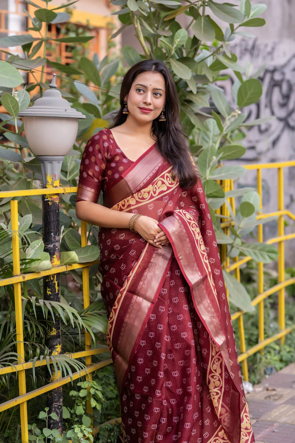 Women's Maroon Cotton Slub Printed Saree - A2M