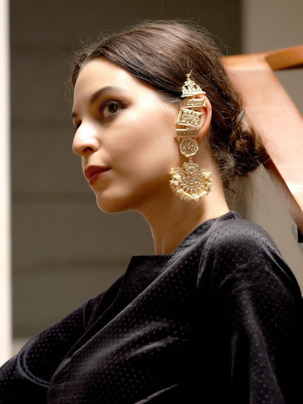 Women's Always Golden And Sparkling Dangle With Kundan And Pearl Earrings - Odette