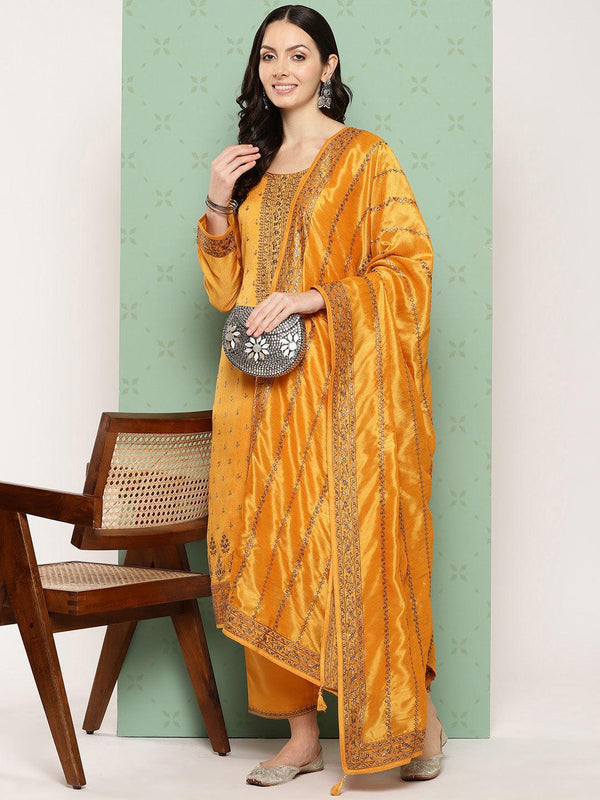 Amber Embroidered Silk Blend Straight Kurta With Trousers & Dupatta - Jashvi