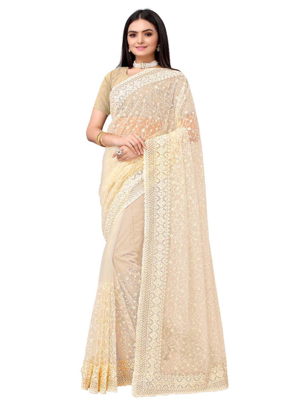 Women's Apricot Net Embroidered Saree With Blouse - Odette