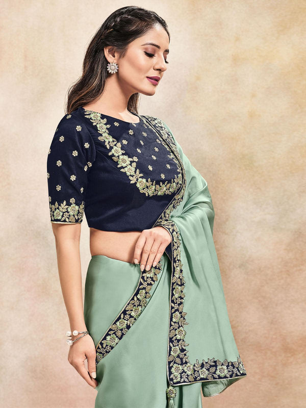 Women's Aqua Blue Designer Embroidered Saree - Odette