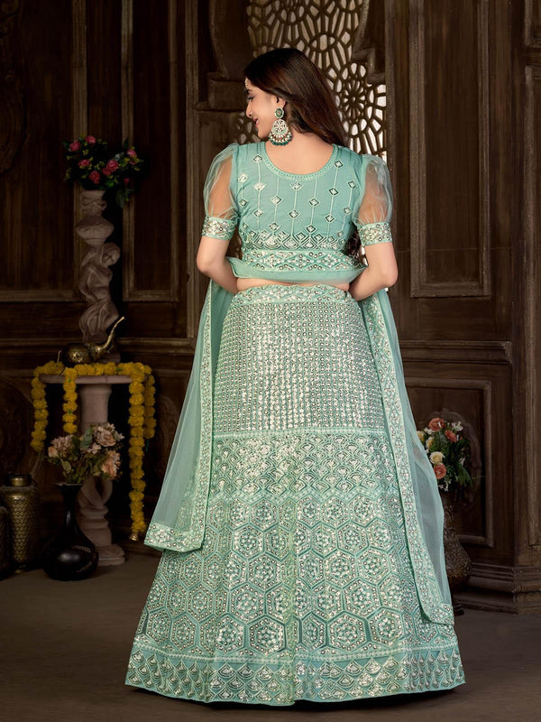 Women's Aqua Blue Embroidered Designer Net Lehenga - Odette