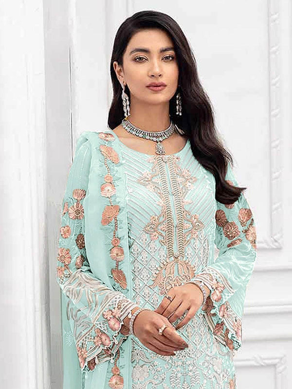 Women's Aqua Blue Embroidered Kurta Set  - Odette