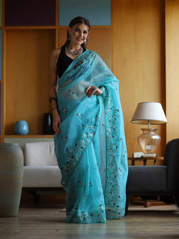 Women's Aqua Blue Organza Embroidery Saree With Blouse - Odette