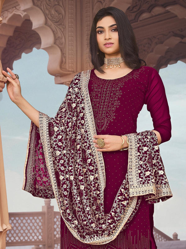 Women's Attractive Maroon Color Georgette Sharara Suit - Odette