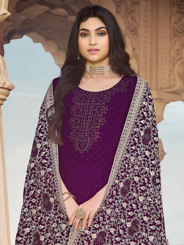 Women's Attractive Wine Color Georgette Sharara Suit - Odette