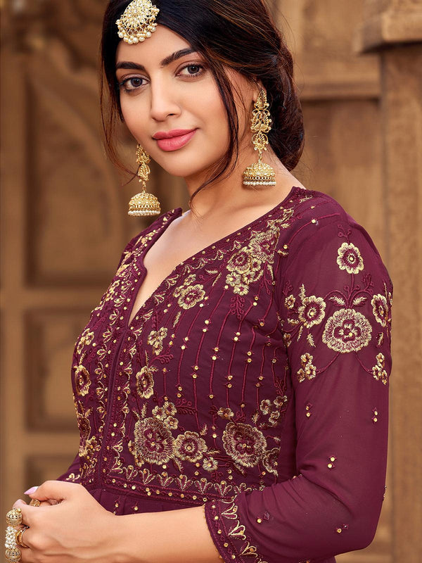 Women's Attractive Wine Color Georgette Sharara Suit - Odette