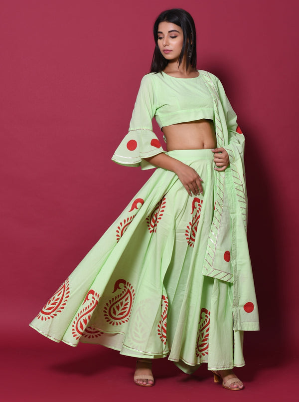 Women's Pista Green Hand Block Printed Lehenga Set - Saras The Label