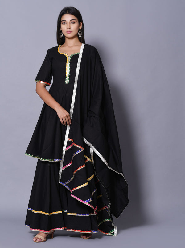 Women's Black Hand Block Printed Peplum Top & Skirt Set - Saras The Label