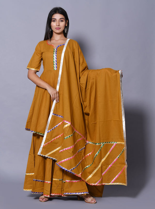 Women's Mustard Hand Block Printed Peplum Top & Skirt Set - Saras The Label