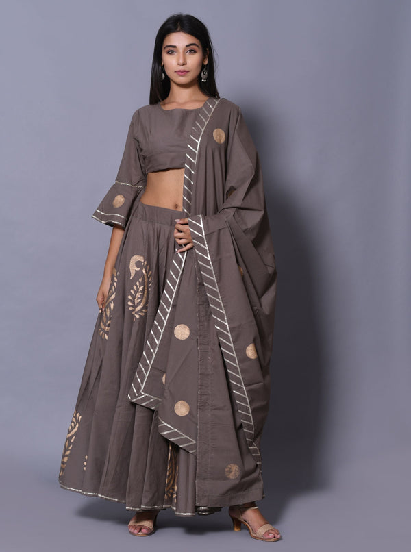 Women's Grey Hand Block Printed Lehenga Set - Saras The Label