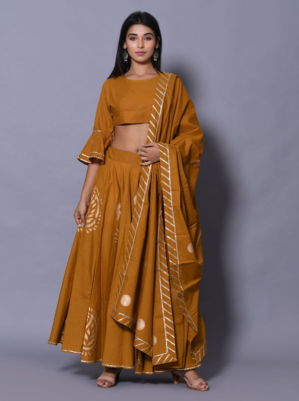 Women's Mustard Hand Block Printed Lehenga Set - Saras The Label