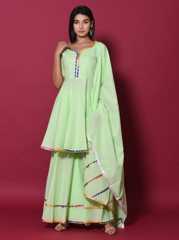 Women's Pista Green Hand Block Printed Peplum Top & Skirt Set - Saras The Label