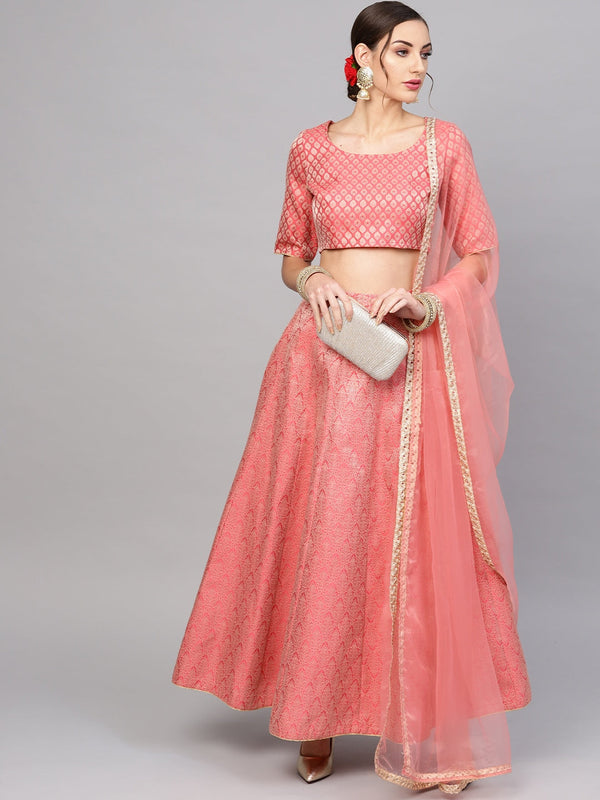 Women's Peach Brocade lehenga choli With Dupatta - Aks