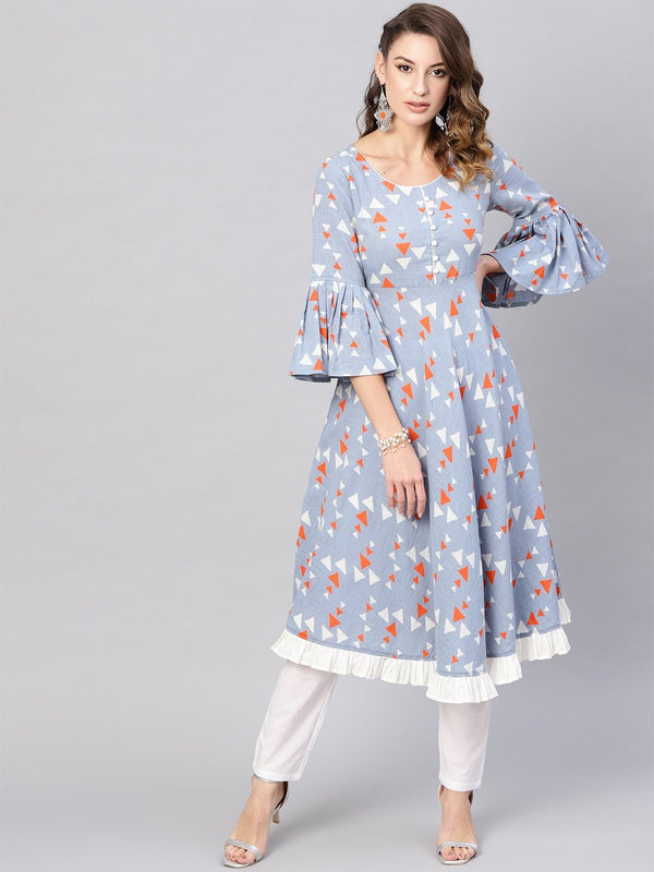 Women's  Blue & Orange Printed Anarkali Kurta - AKS