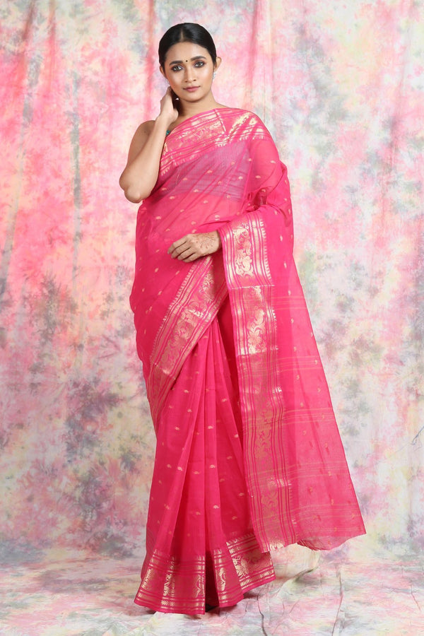 Women's Deep Pink Handwoven Cotton Tant Saree - Arhi