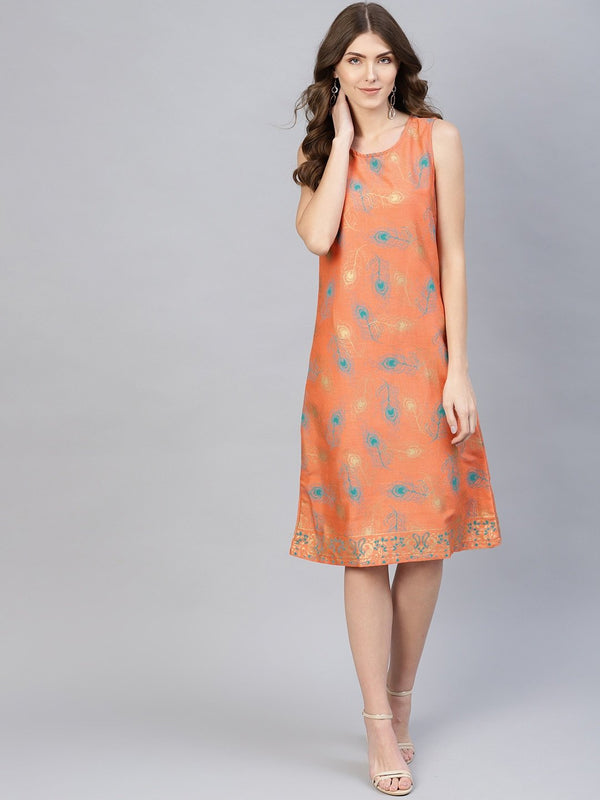 Women's  Orange & Teal Green Printed A-Line Dress - AKS