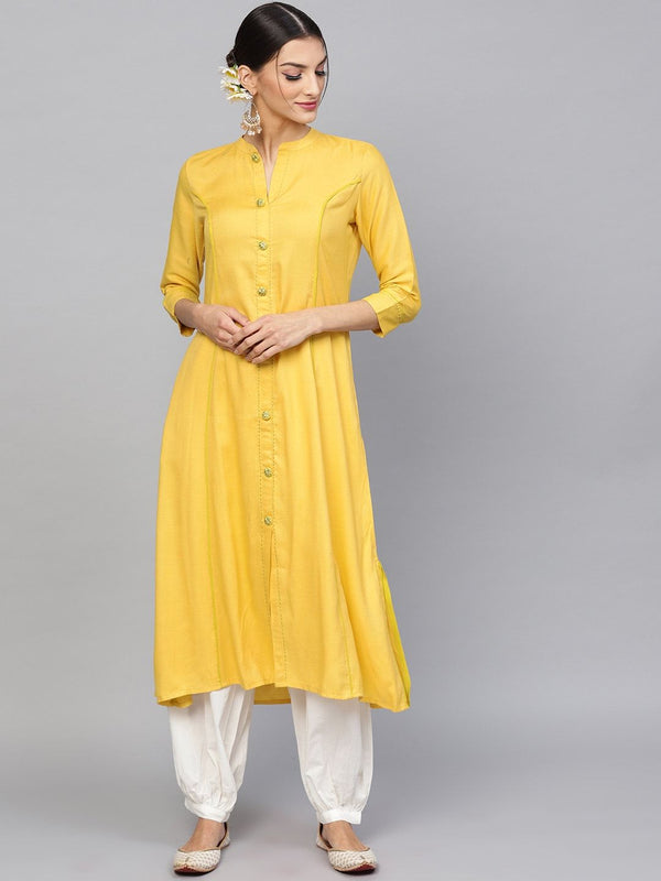 Women's  Mustard Yellow Solid A-Line Kurta - AKS