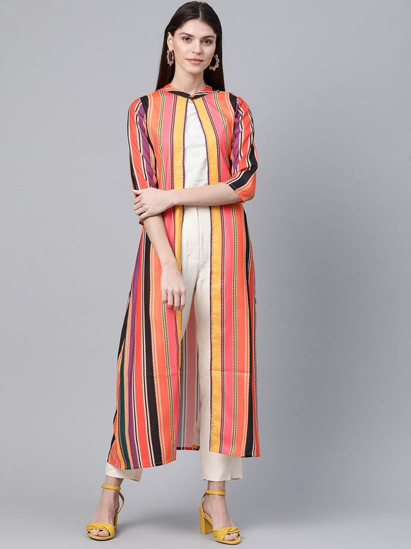 Women's  Orange & Black Striped Open Front Long Ethnic Jacket - AKS