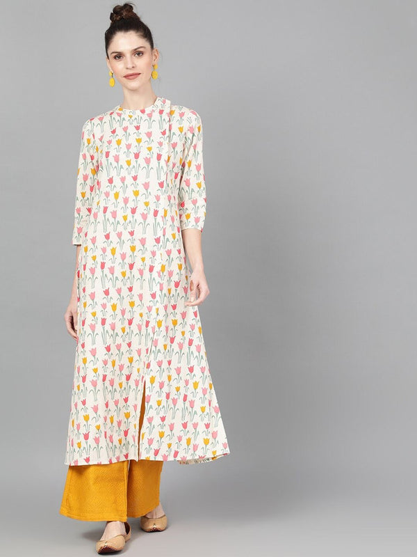 Women's  Off-White & Pink Floral Printed A-Line Kurta - AKS.CUTSIZE