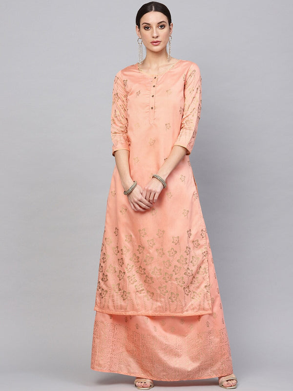 Women's Peach Gold Printed Kurta With Skirt - Aks