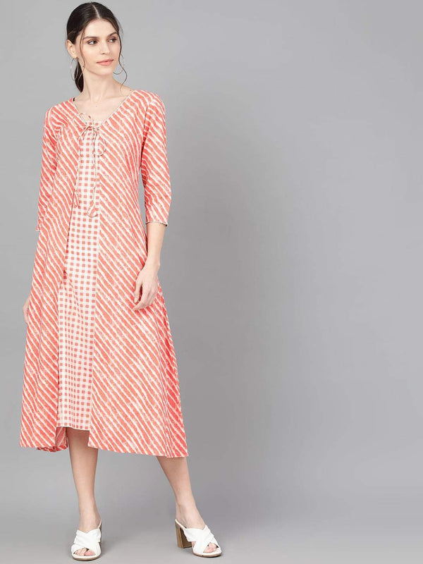 Women's  Peach-Coloured Printed A-Line Dress - AKS