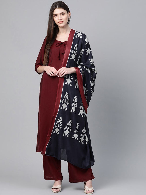 Women's  Maroon & Navy Blue Solid Kurta with Palazzos & Dupatta - AKS